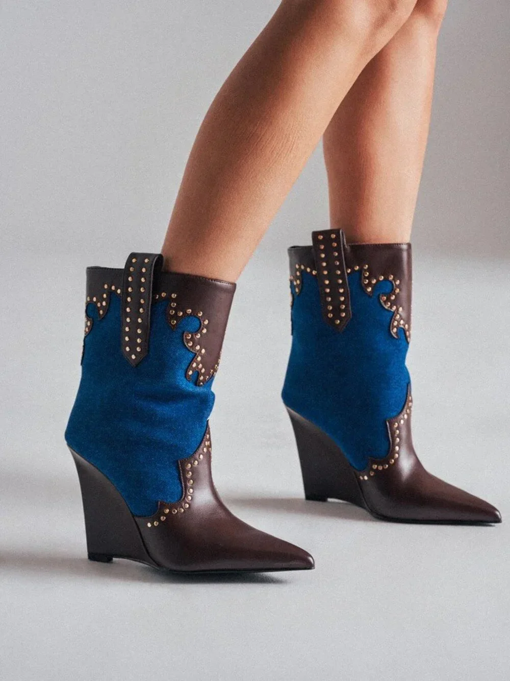 AKIRA AZALEA WANG TALLULAH DENIM WEDGE WESTERN BOOTIE Size 66 - Picture 6 of 6
